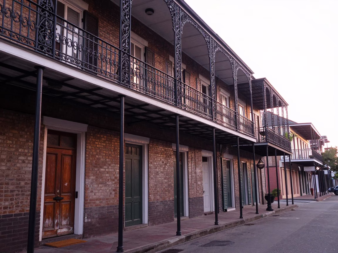 Early Morning New Orleans Street Scene with Wrought Iron Balconies and Brick Facades in in New Orleans, Louisiana, United States
