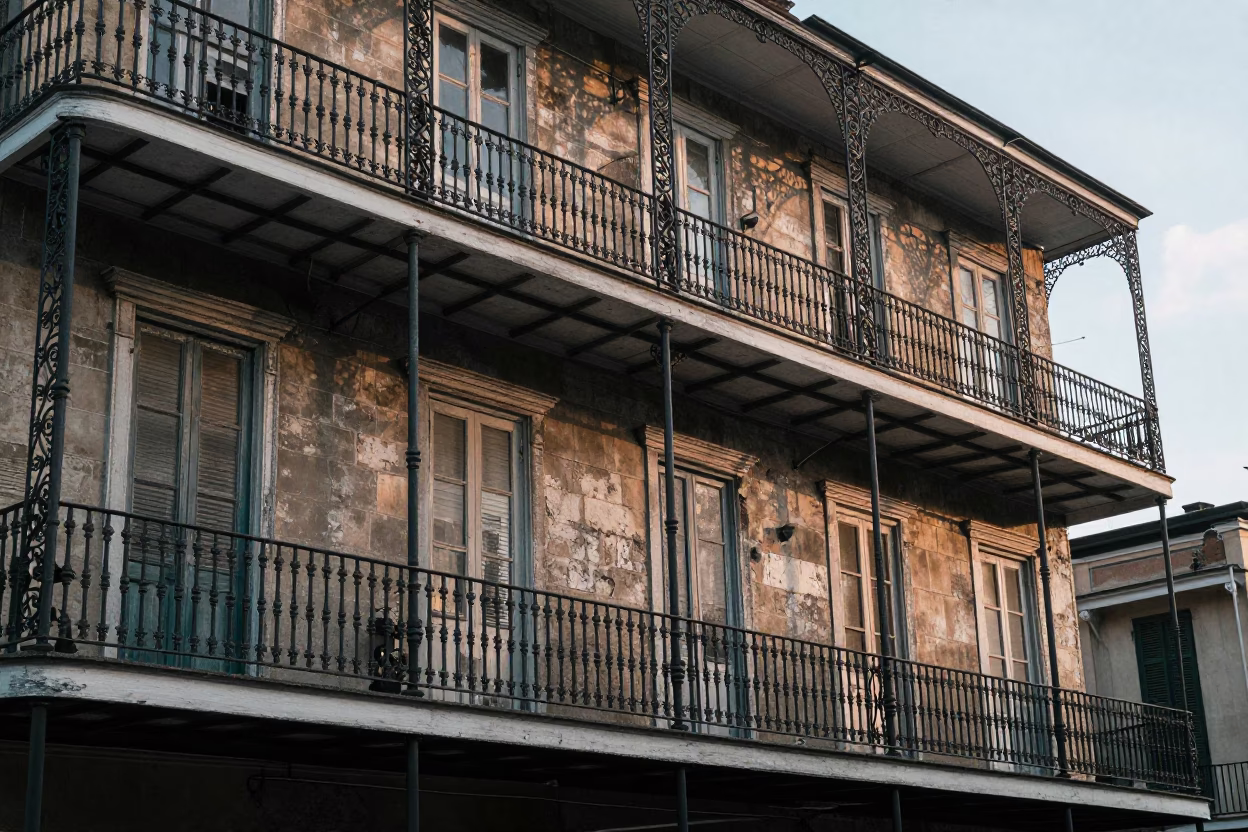 Early Morning New Orleans Street Scene with Wrought Iron Balconies and Historic Architecture in in New Orleans, Louisiana, United States