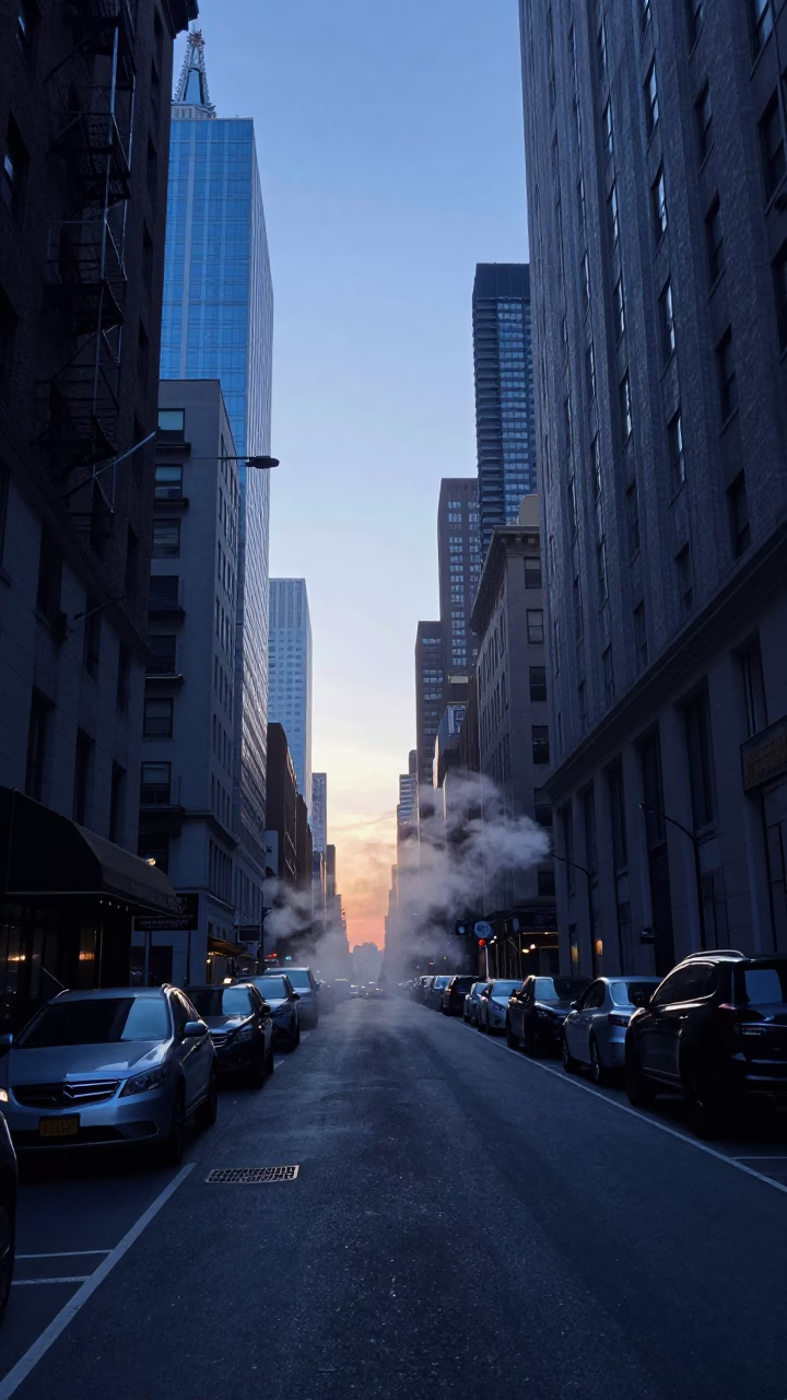 Early Morning New York City Street Scene Before Sunrise with Urban Details in in New York, New York, United States