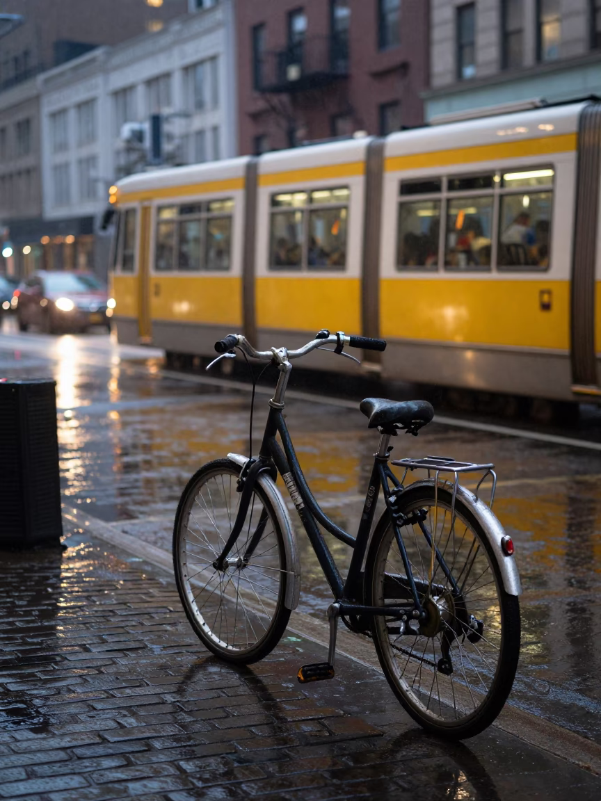 Early Morning New York City Street Scene with Bicycle and Tramcar Reflection in in New York, New York, United States