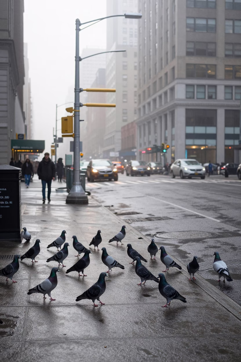 Early Morning New York City Street Scene with Pigeons and Vintage Urban Architecture in in New York, New York, United States
