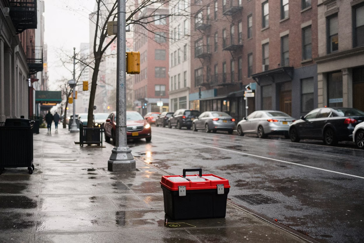 Early Morning New York City Street Scene with Toolbox and Urban Details in in New York, New York, United States
