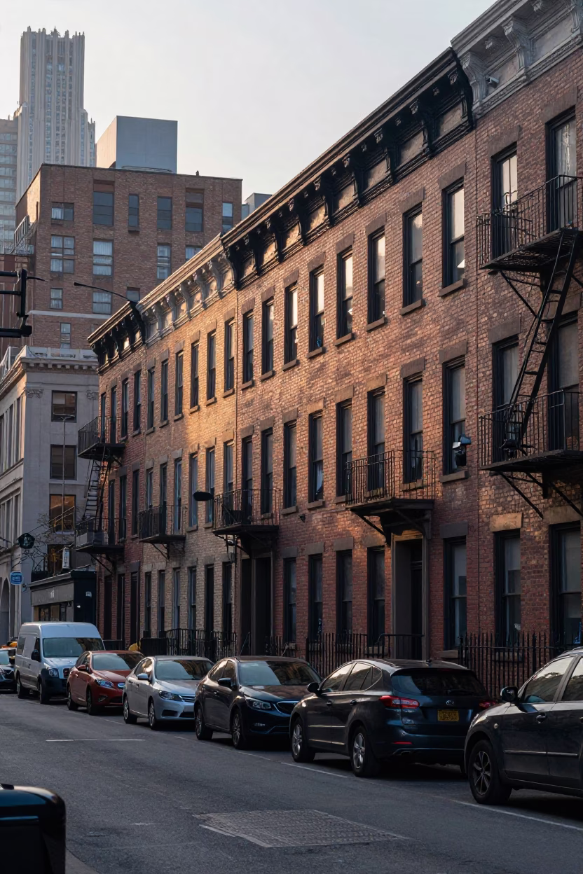 Early Morning New York City Street Scene with Urban Architecture and Pedestrians in in New York, New York, United States