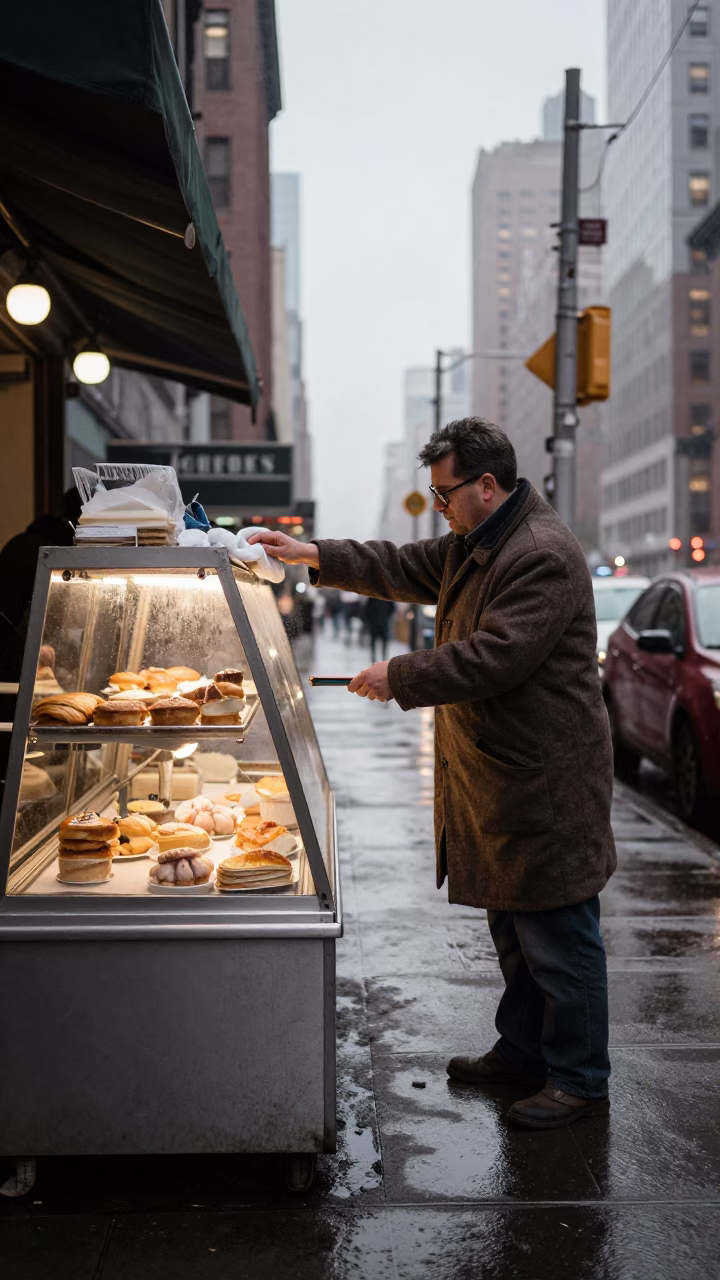 Early Morning New York City Street Scene with Vintage 1960s Aesthetic and Local Details in in New York, New York, United States