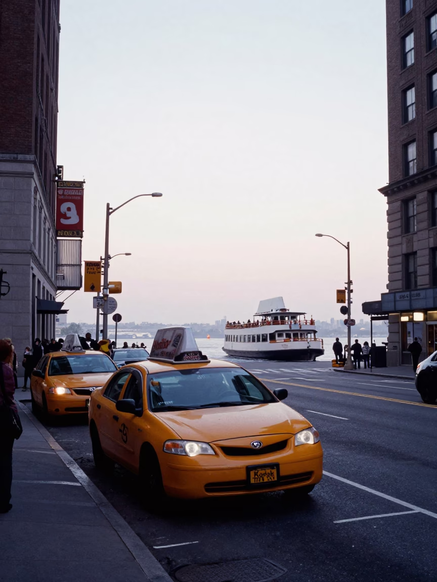 Early Morning New York City Street Scene with Water Taxi and Urban Details in in New York, New York, United States