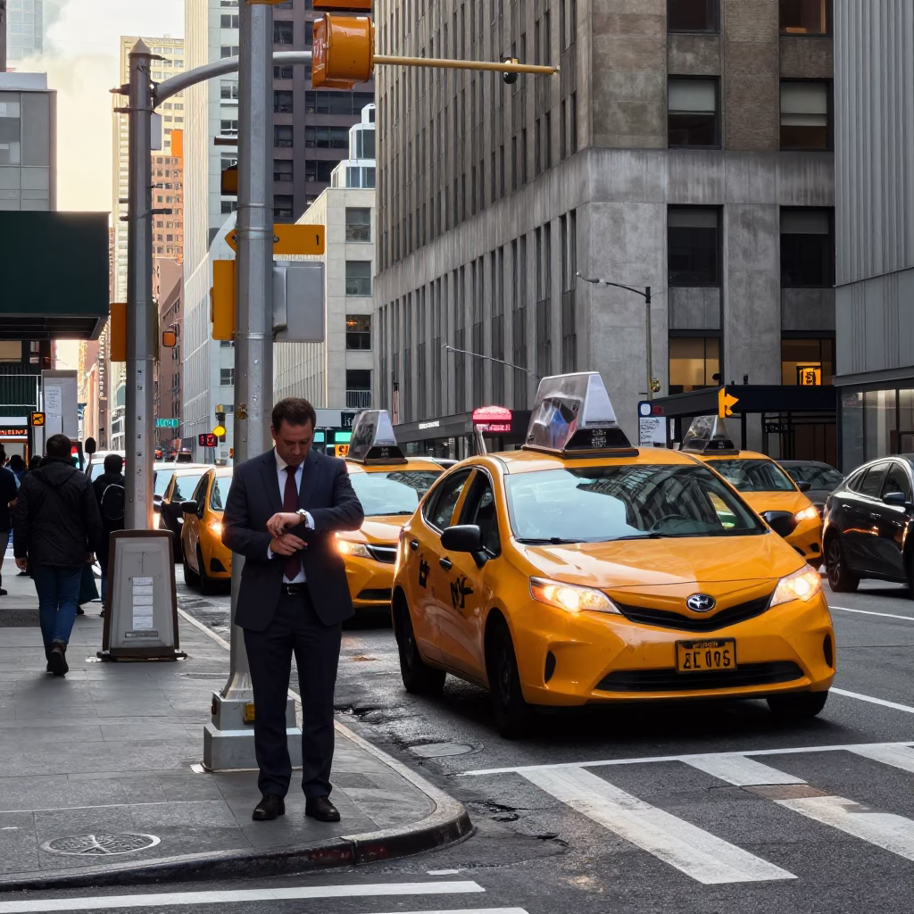 Early Morning New York City Street Scene with Yellow Cab and Pedestrians in in New York, New York, United States