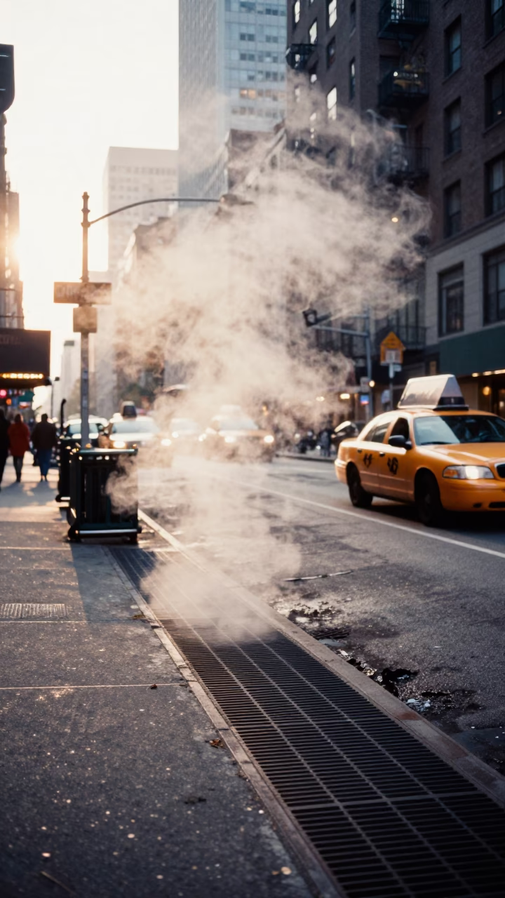 Early Morning New York City Street with Steam and Urban Shadows in in New York, New York, United States