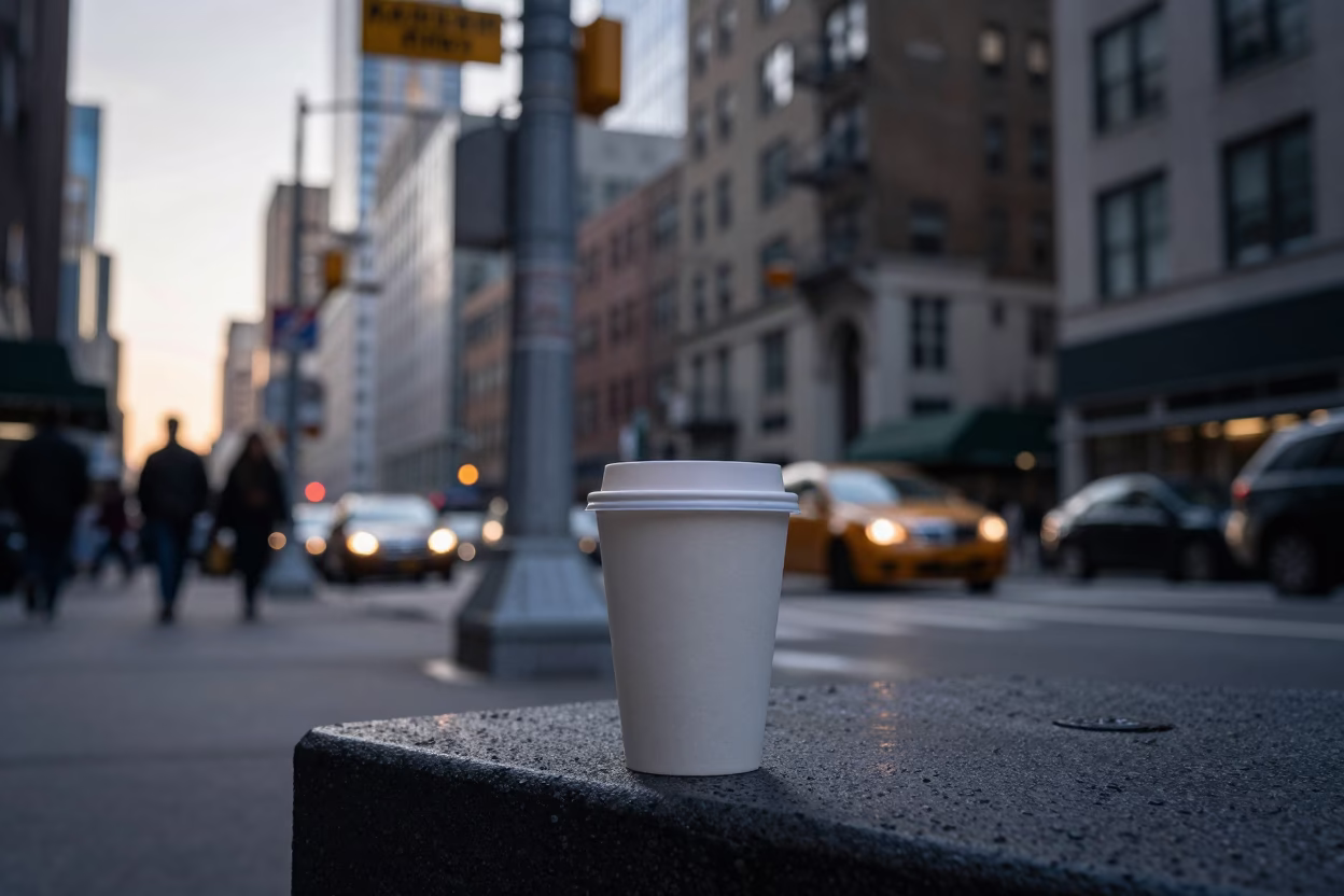 Early Morning New York Street Corner with Coffee Cup and Urban Details in in New York, New York, United States