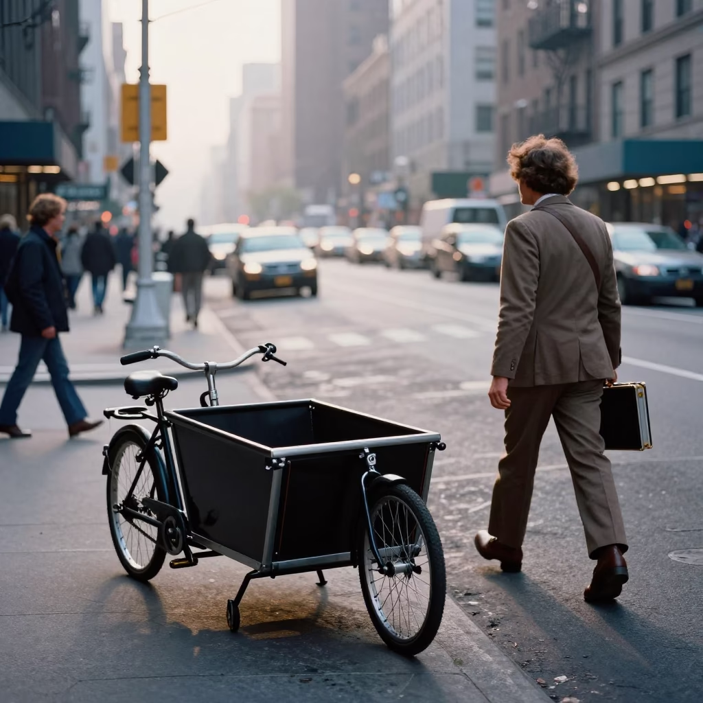 Early Morning New York Street Scene with Cargo Bicycle and Urban Details in in New York, New York, United States