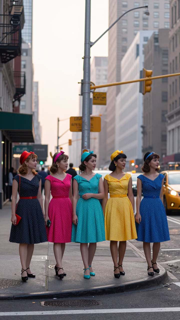 Early Morning New York Street Scene with Colorful 1950s Fashion and Urban Details in in New York, New York, United States