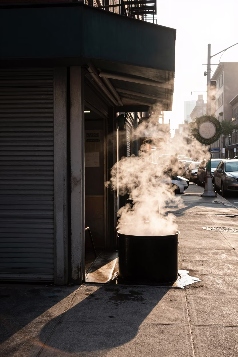 Early Morning New York Street Scene with Condensation on Basin and Towel Hook in in New York, New York, United States