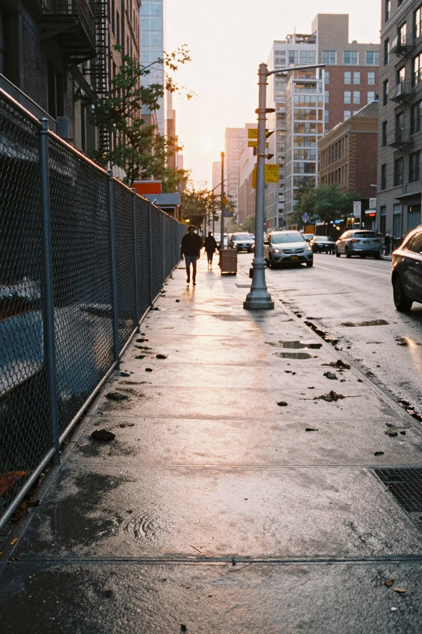 Early Morning New York Street Scene with Construction Fence and Morning Light in in New York, New York, United States