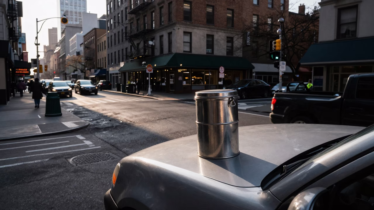 Early Morning New York Street Scene with Tiffin Tin and Cargo Ship Horizon in in New York, New York, United States