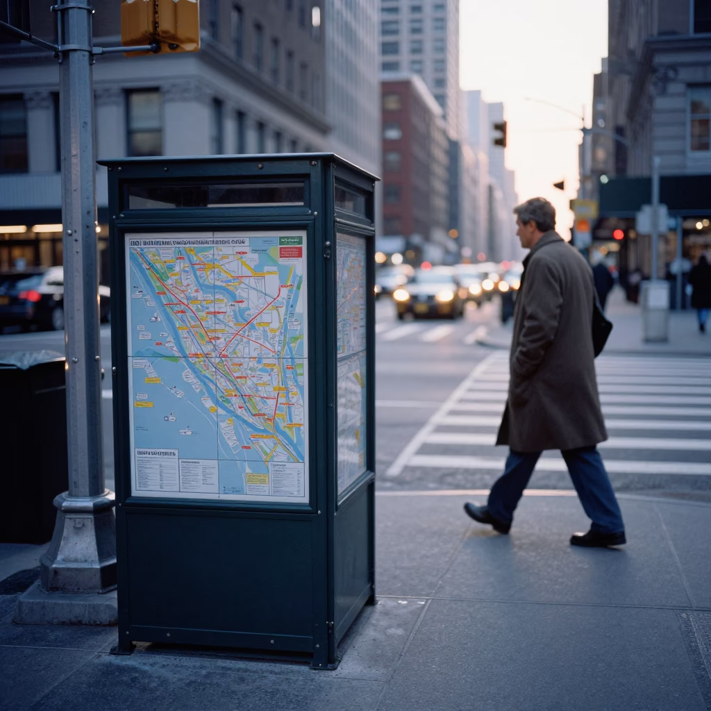 Early Morning New York Street Scene with Urban Details and Local Commerce in in New York, New York, United States