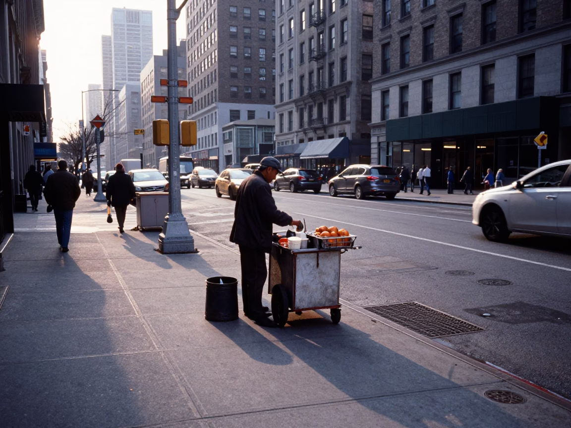 Early Morning New York Street Scene with Urban Elements and City Life in in New York, New York, United States