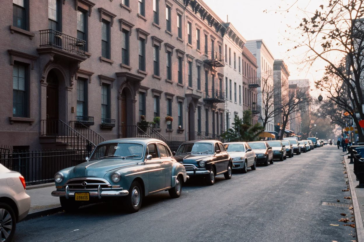 Early Morning New York Street Scene with Vintage Cars and City Architecture in in New York, New York, United States