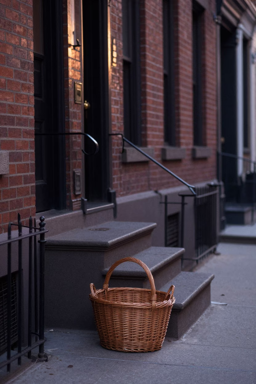 Early Morning New York Street Scene with Wicker Basket and Urban Details in in New York, New York, United States