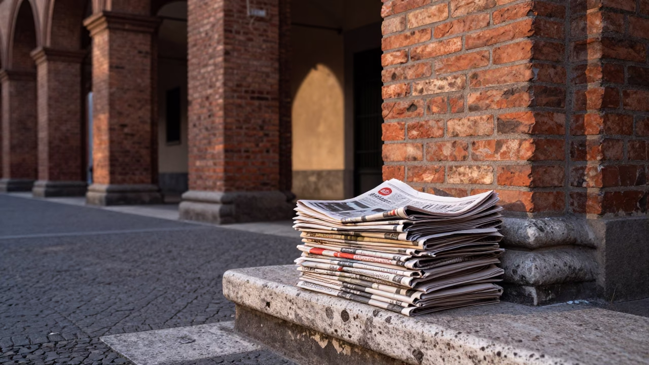 Early morning newspaper stack on Bologna street corner near historic porticoes in in Bologna, Italy