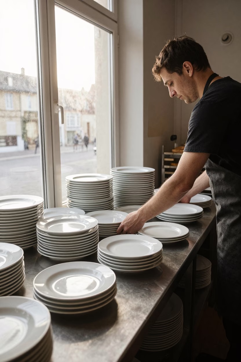 Early Morning Nice France Bakery Counter with Stacked Plates and Cutlery in in Nice, France