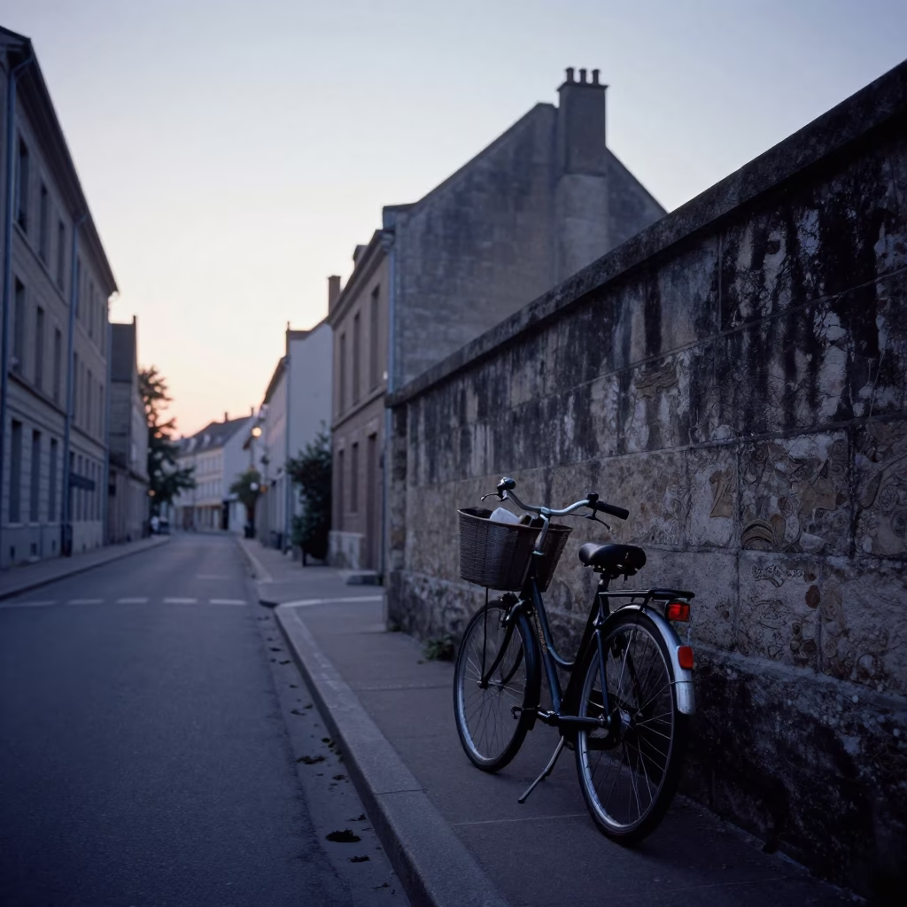 Early Morning Nice France Street Scene with Bicycle Basket and Tiffin Tin Before Sunrise in in Nice, France
