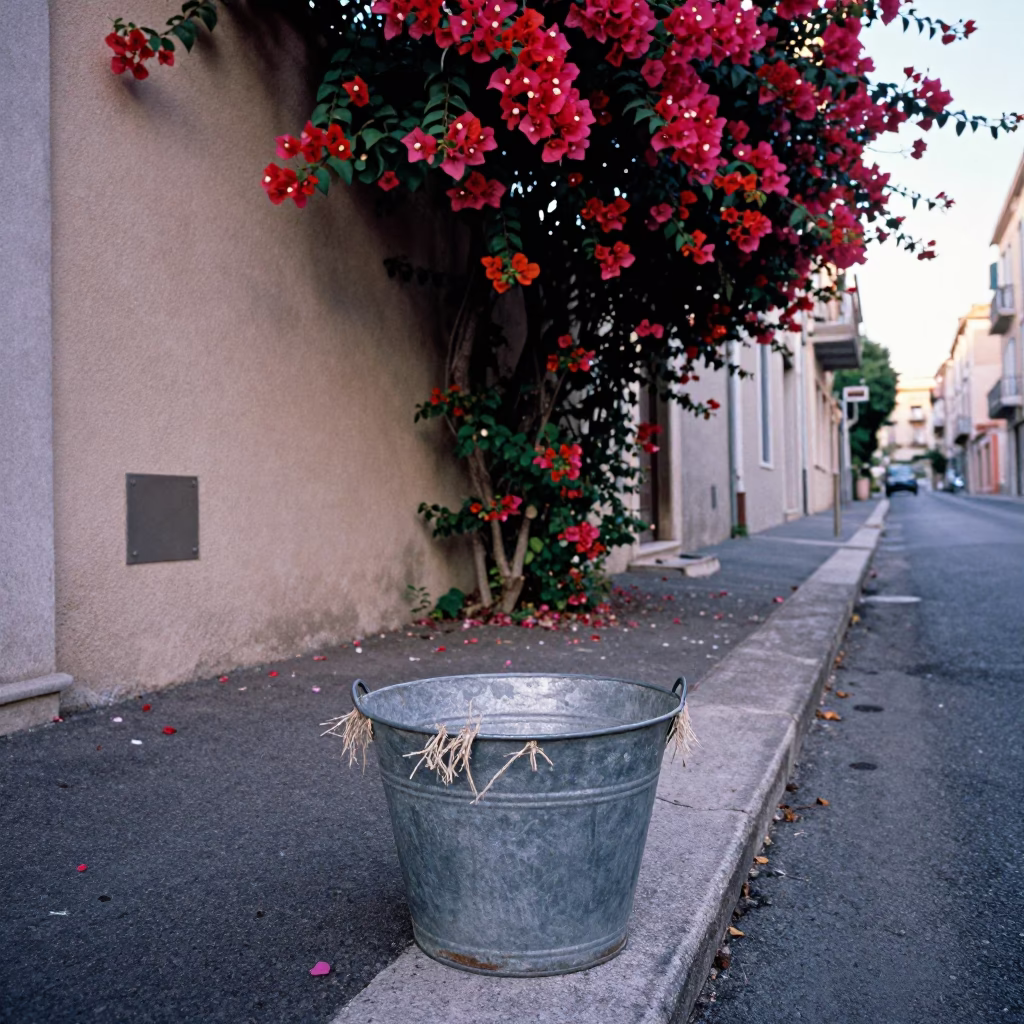 Early Morning Nice France Street Scene with Bougainvillea and Metal Bucket in in Nice, France