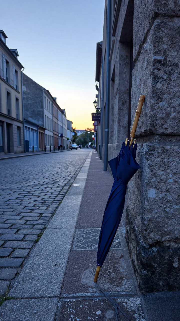 Early Morning Nice France Street Scene with Folded Parasol and Wicker Shadow Before Sunrise in in Nice, France