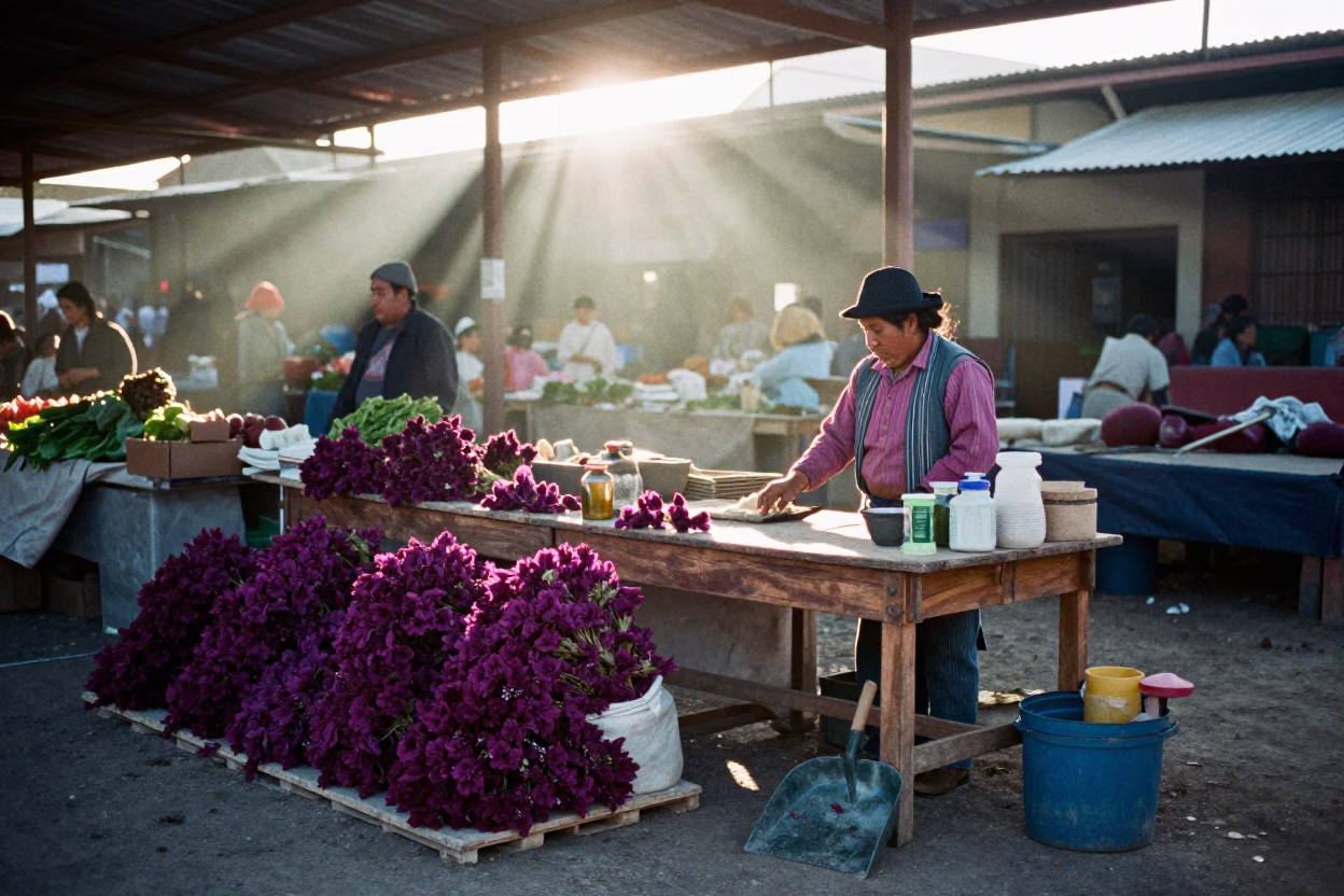 Early Morning Oaxaca Market Scene with Dustpan and Local Commerce in in Oaxaca, Mexico