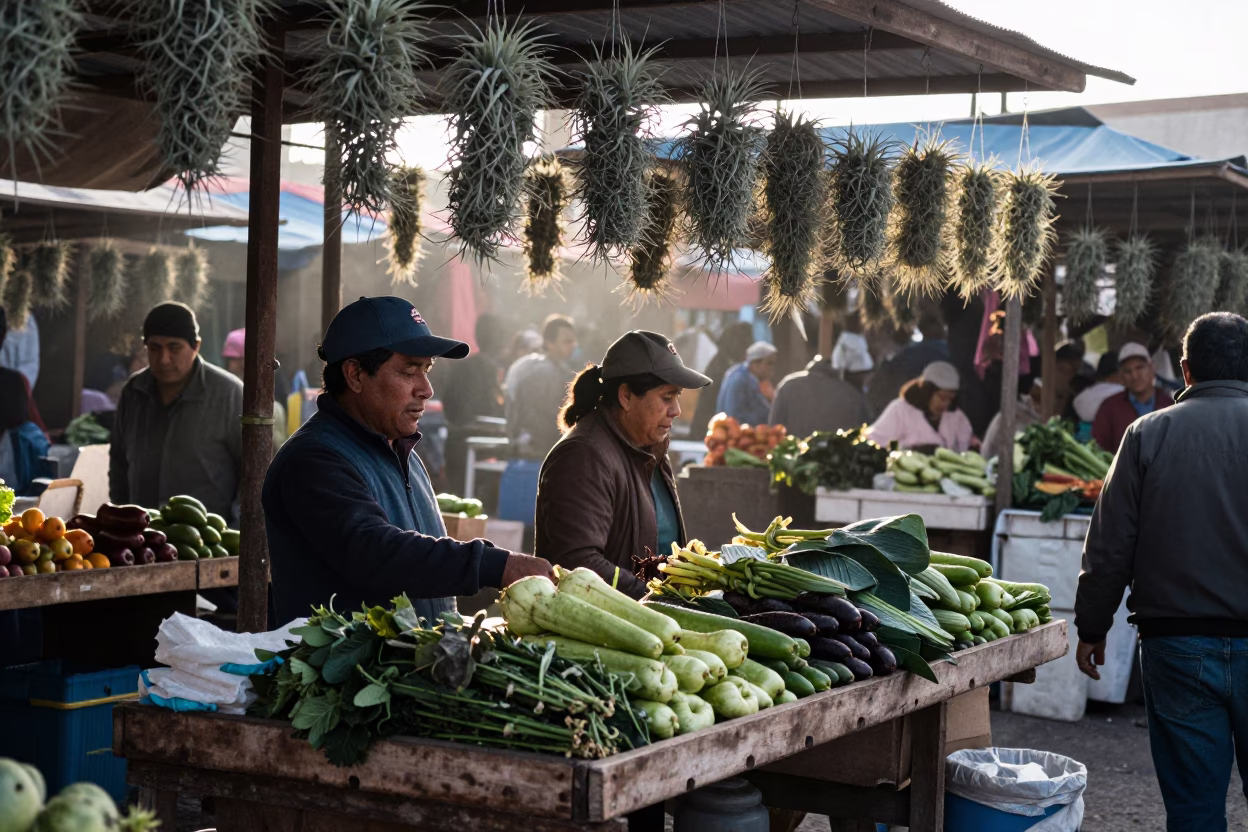 Early Morning Oaxaca Market Scene with Hanging Tillandsia Air Plants and Wooden Tray in in Oaxaca, Mexico