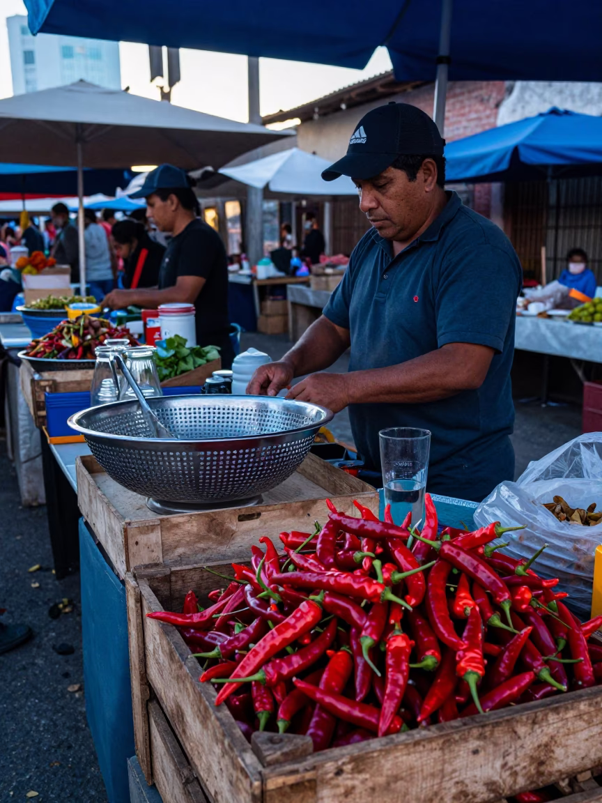 Early Morning Oaxaca Market Stall with Colander and Glass Tumbler in in Oaxaca, Mexico
