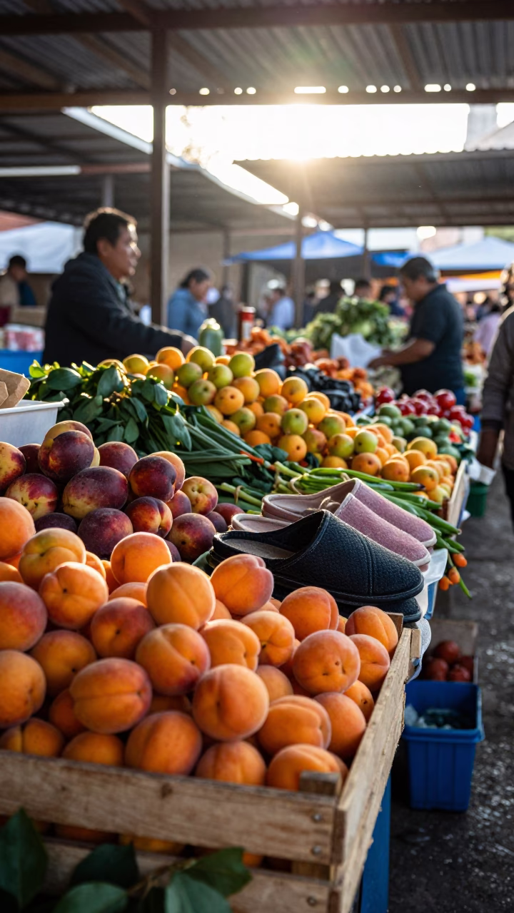 Early Morning Oaxaca Market Stall with Slippers and Apricots in Natural Light in in Oaxaca, Mexico