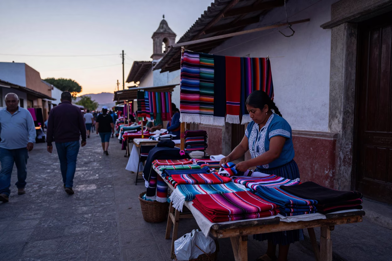 Early Morning Oaxaca Market Stall with Textiles and Local Commerce in in Oaxaca, Mexico