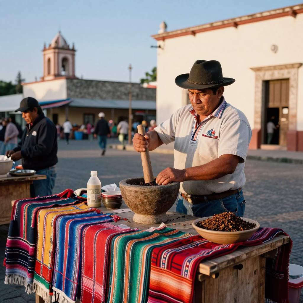 Early Morning Oaxaca Market Vendor Preparing Traditional Mole with Mortar and Pestle in in Oaxaca, Mexico