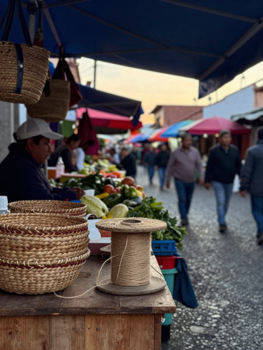 Early Morning Oaxaca Street Market with Twine Spool and Local Commerce in in Oaxaca, Mexico