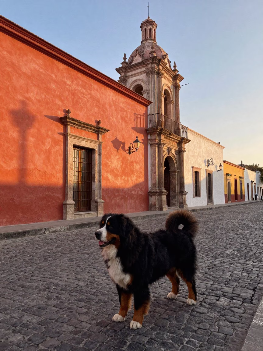 Early Morning Oaxaca Street Scene with Bernese Mountain Dog and Basil Leaves in in Oaxaca, Mexico