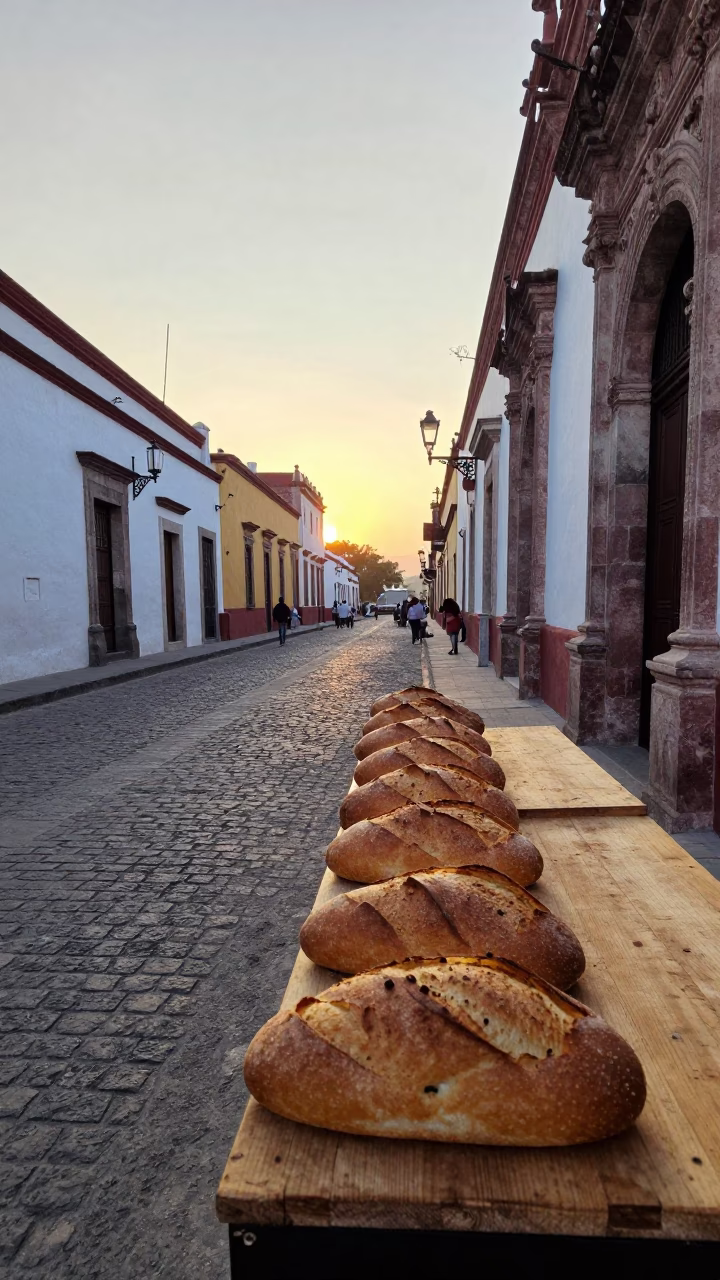 Early Morning Oaxaca Street Scene with Bread Loaves and Window Light in in Oaxaca, Mexico