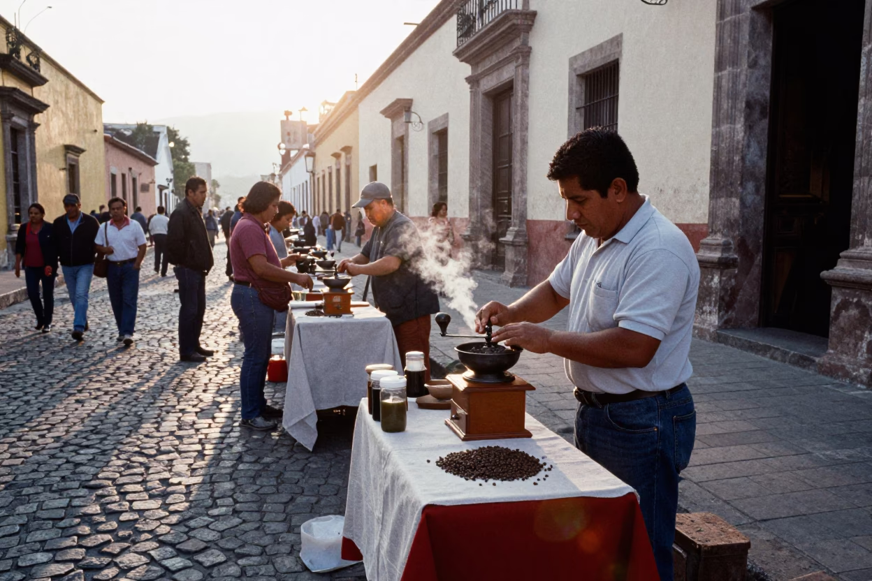 Early Morning Oaxaca Street Scene with Coffee Grinder and Tree in in Oaxaca, Mexico
