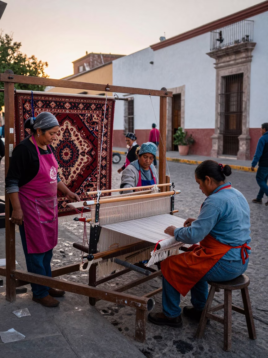Early Morning Oaxaca Street Scene with Colorful Aprons and Persian Carpet Loom Workshop in in Oaxaca, Mexico