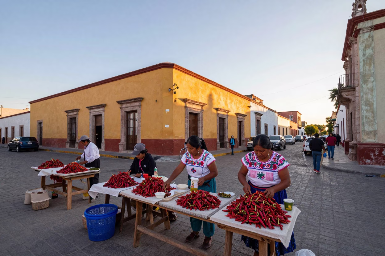 Early Morning Oaxaca Street Scene with Colorful Facades and Local Market Activity in in Oaxaca, Mexico