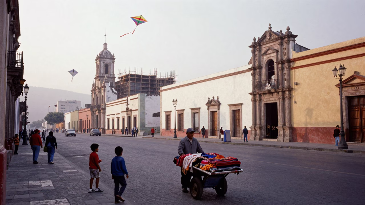 Early Morning Oaxaca Street Scene with Kites and Construction Activity in in Oaxaca, Mexico