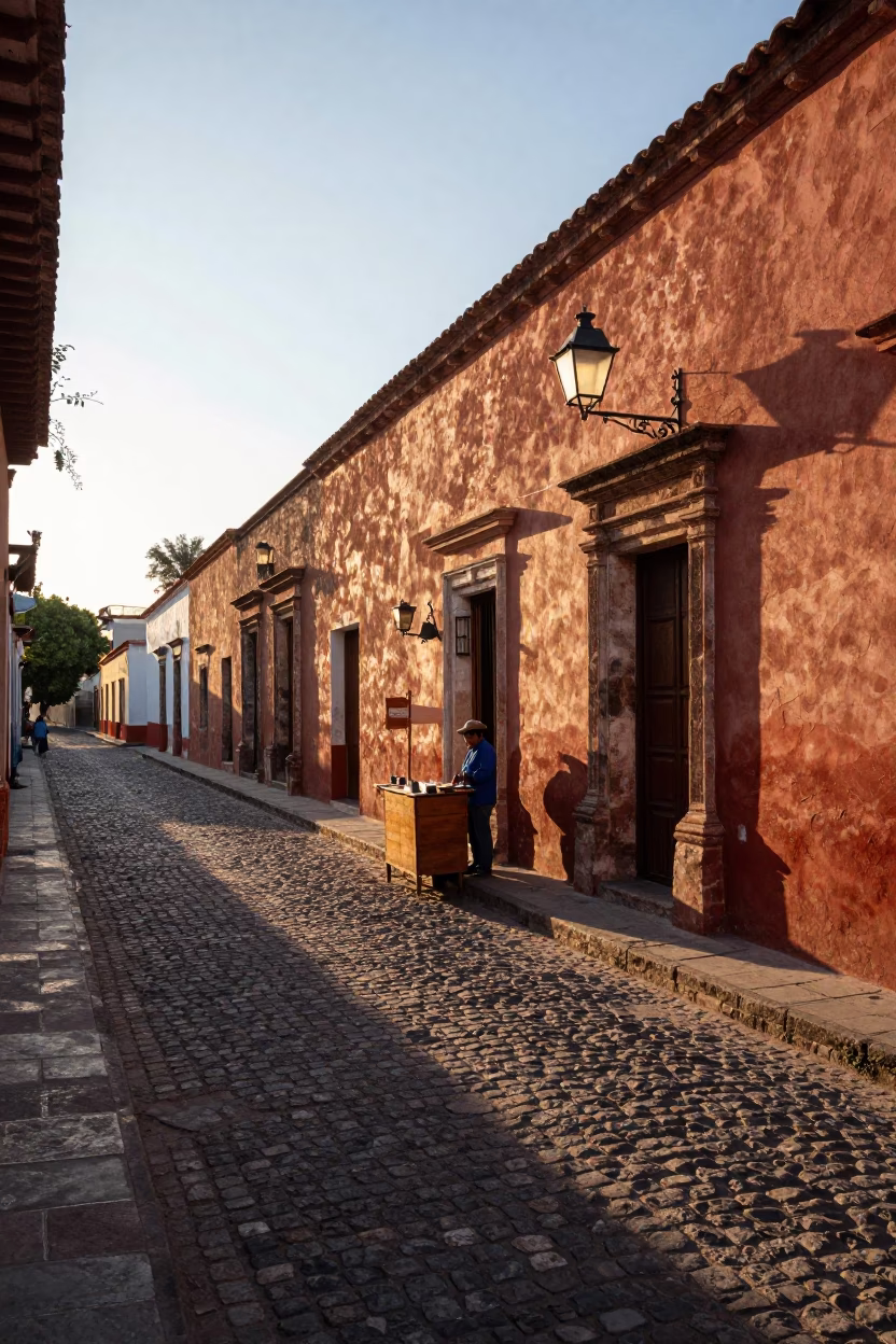 Early Morning Oaxaca Street Scene with Lantern Light and Local Commerce in in Oaxaca, Mexico