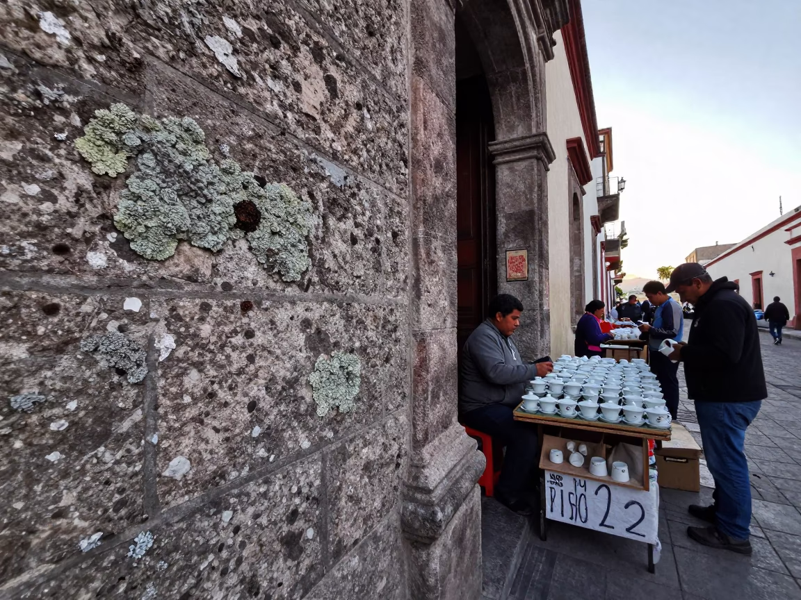 Early Morning Oaxaca Street Scene with Lichen on Stone and Teacups on Market Table in in Oaxaca, Mexico