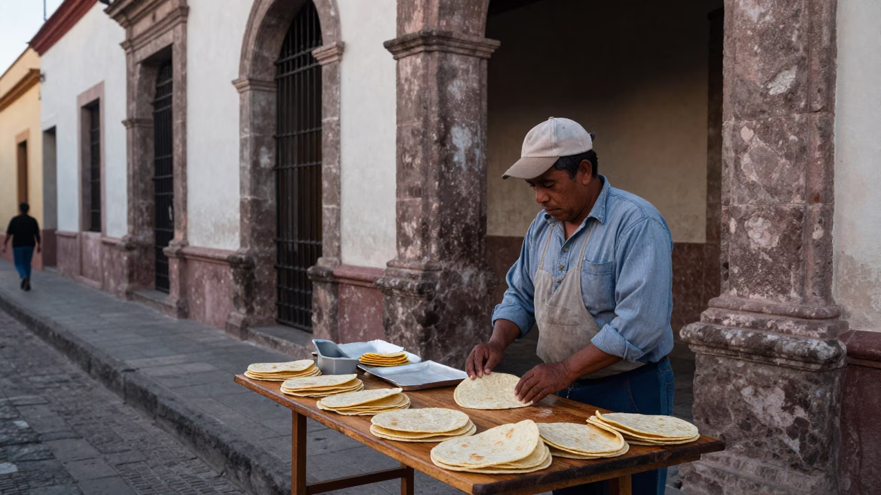 Early Morning Oaxaca Street Scene with Local Vendor and Traditional Wash Basin in in Oaxaca, Mexico