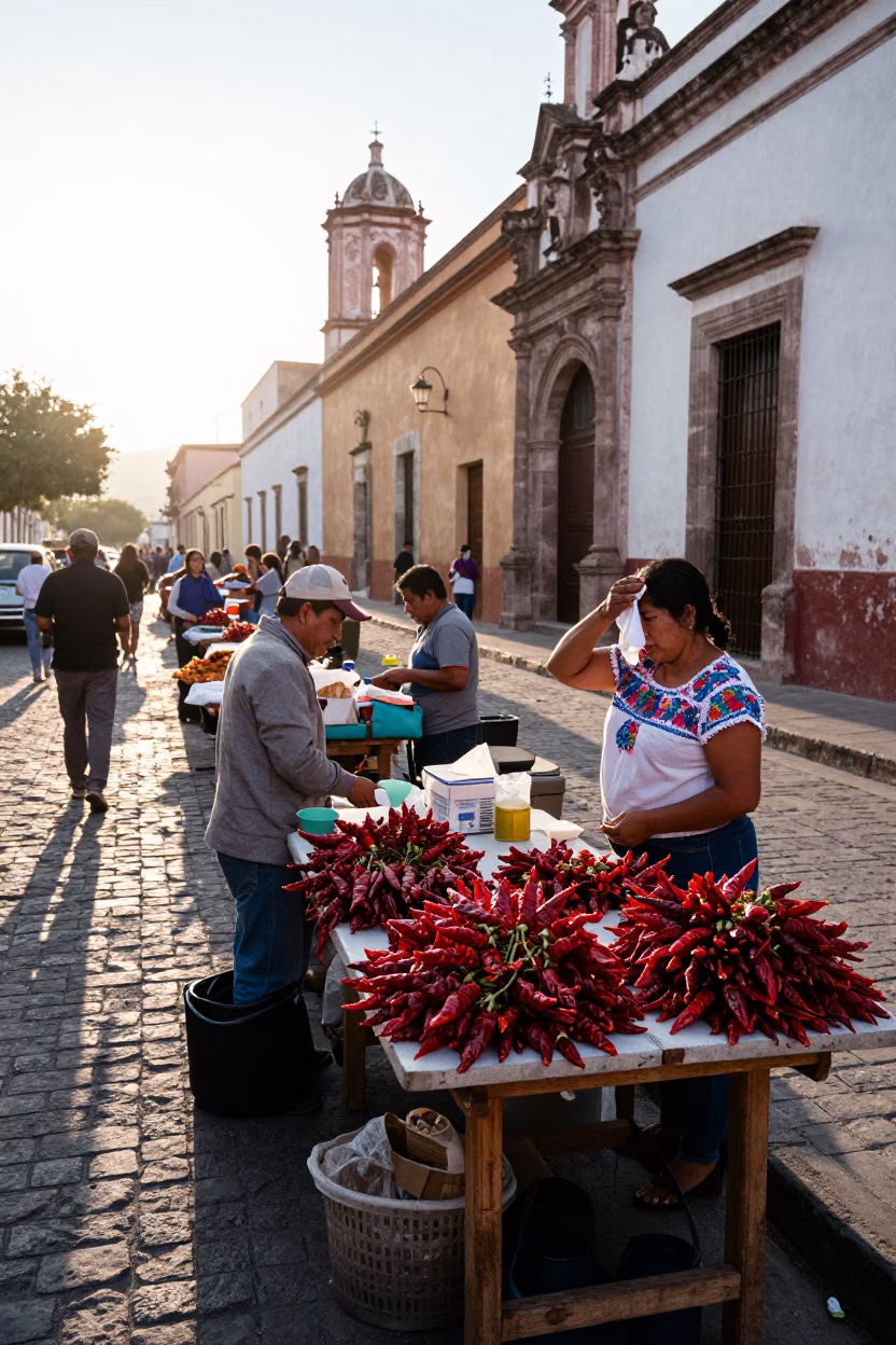 Early Morning Oaxaca Street Scene with Market Vendor and Handkerchief in in Oaxaca, Mexico