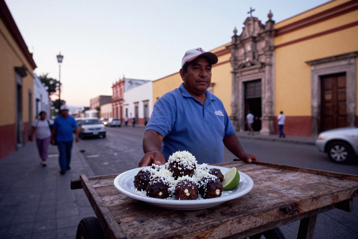 Early Morning Oaxaca Street Scene with Plate of Elote and Steam Haze in in Oaxaca, Mexico