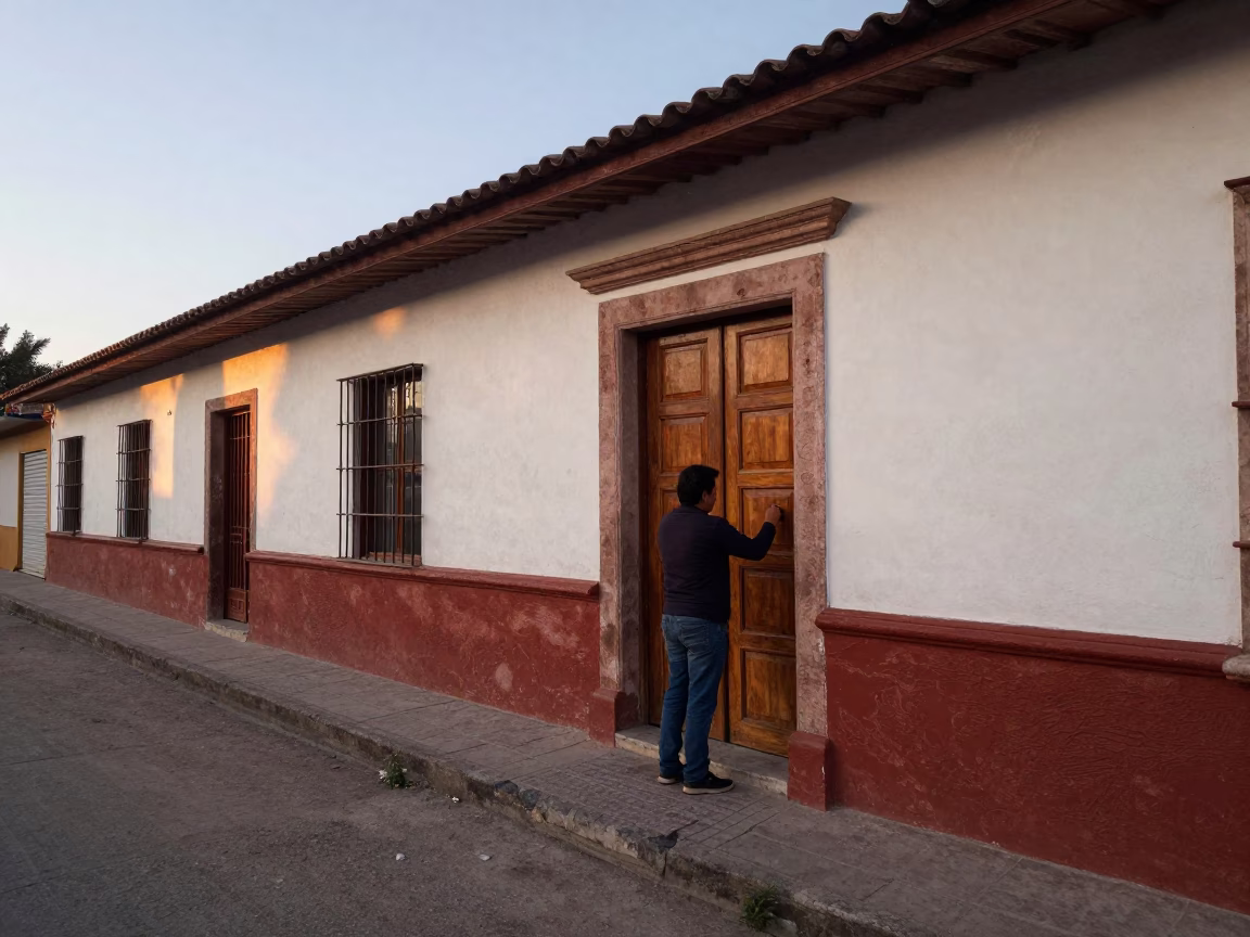 Early Morning Oaxaca Street Scene with Teacher Unlocking School Library in in Oaxaca, Mexico
