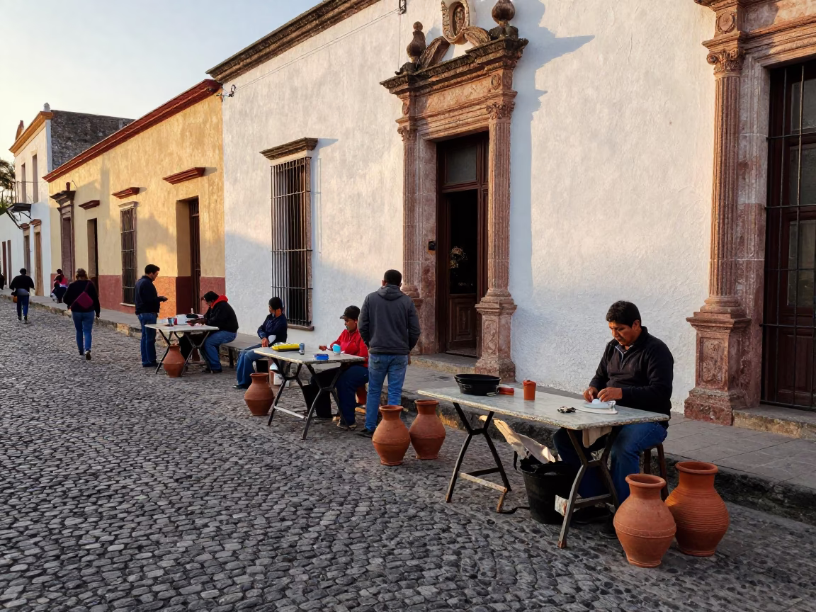 Early Morning Oaxaca Street Scene with Terracotta Pots and Folding Tables After Sunrise in in Oaxaca, Mexico