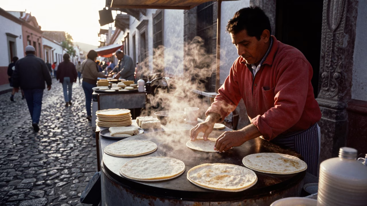 Early Morning Oaxaca Street Scene with Traditional Corn Tortillas and Local Market Activity in in Oaxaca, Mexico