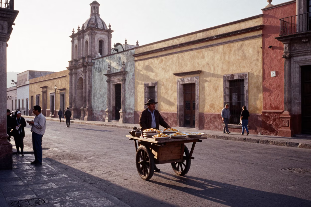 Early Morning Oaxaca Street Scene with Traditional Plate of Mole Negro Over Rice in in Oaxaca, Mexico