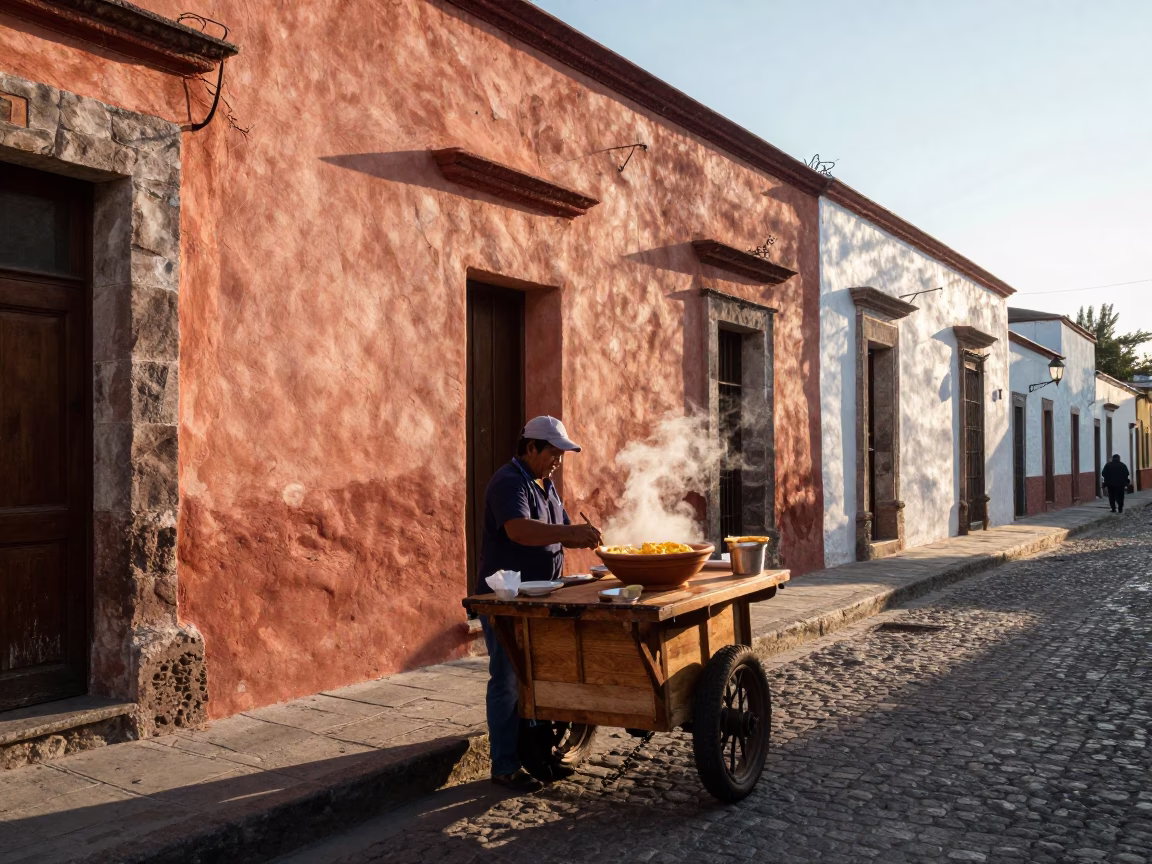 Early Morning Oaxaca Street Scene with Traditional Sopa de Tortilla and Olive Wood Spoon in in Oaxaca, Mexico
