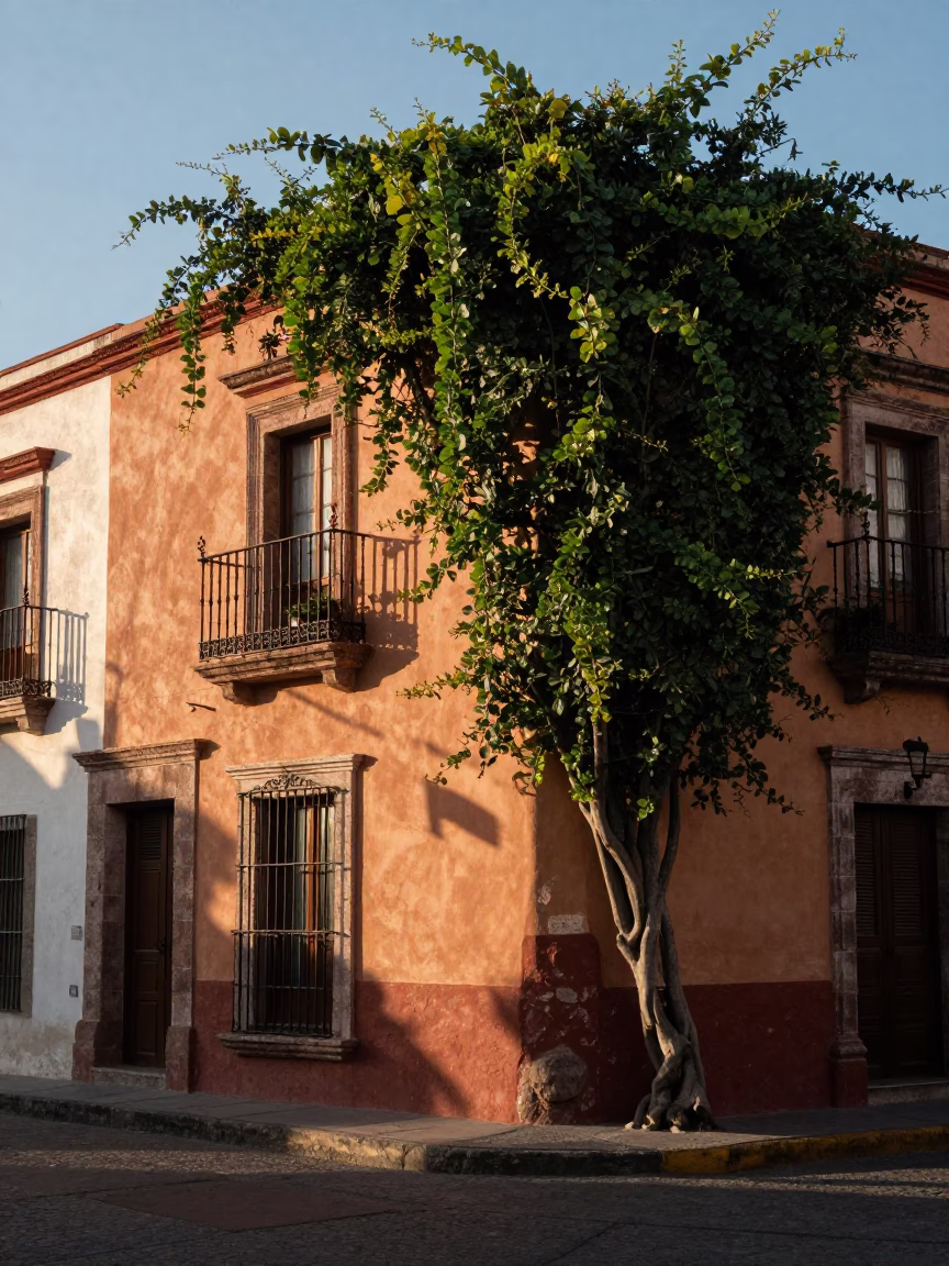 Early Morning Oaxaca Street Scene with Vine Shadows and Local Market Activity in in Oaxaca, Mexico